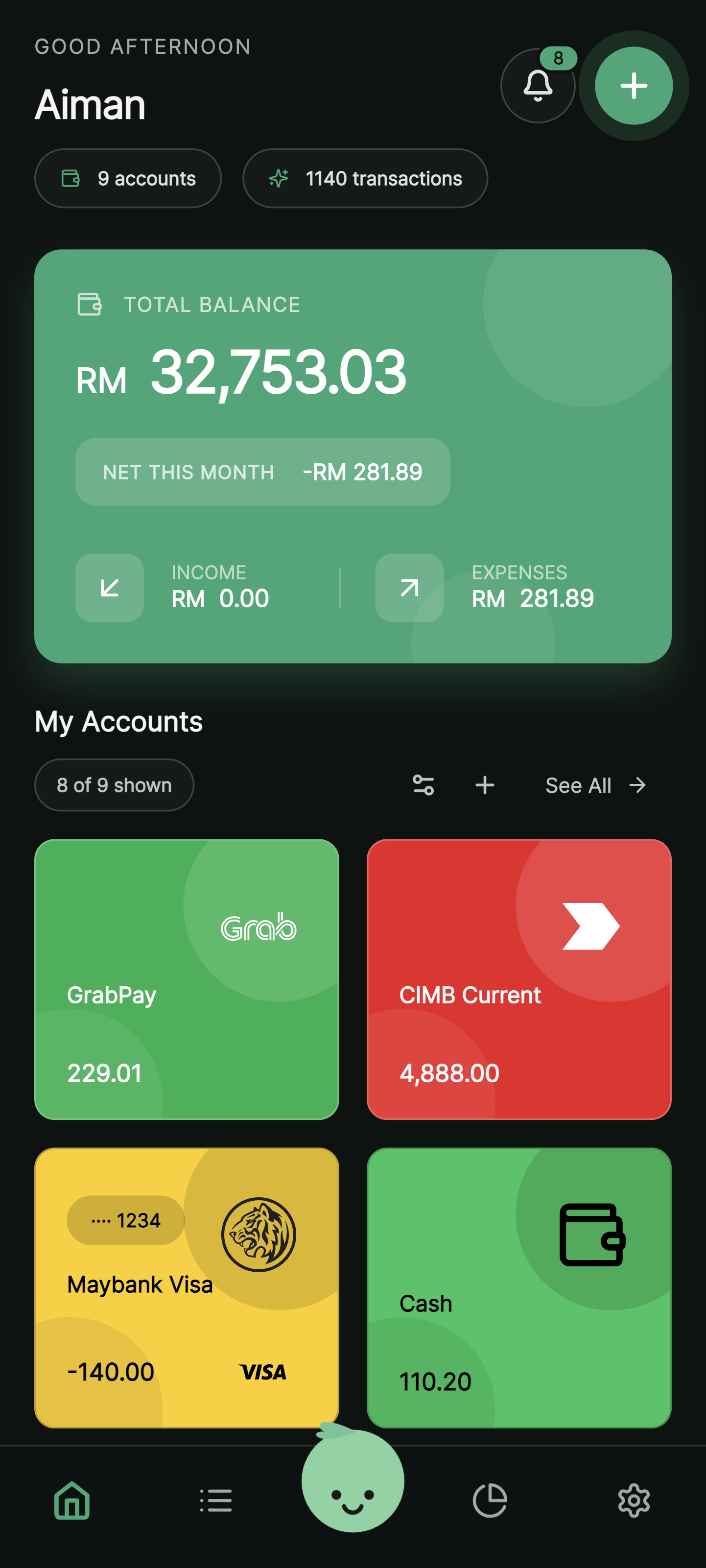 DuitMyself dashboard showing a total balance, accounts, and recent finance activity.